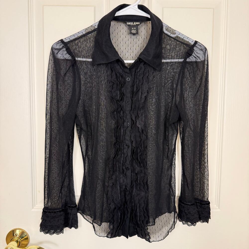Vintage Y2K Guess Jeans Black Mesh Button Down Top Whimsigoth Goth Medium EUC - Picture 7 of 7